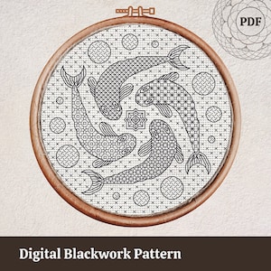 Op de afbeelding: Een zwart-wit digitaal kruissteekpatroon met vier gestileerde vissen die in een cirkel zwemmen. Het patroon is ontworpen voor zwartwerk borduurwerk en bevat een verscheidenheid aan geometrische vormen en patronen.