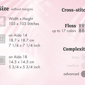 Op de afbeelding: Informatieve afbeelding met tekst over kruissteekprojecten. Details omvatten grootte, steekaantal, draadkleuren en complexiteitsniveaus. Afmetingen worden zowel in inches als in centimeters weergegeven.