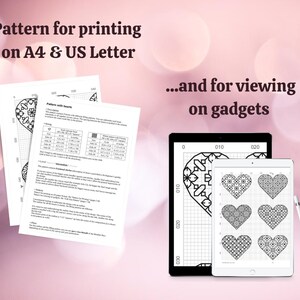 Op de afbeelding: Een kruissteekpatroon met harten, weergegeven op afgedrukte pagina's en digitale tablets. De tekst luidt "Pattern for printing on A4 & US Letter" en "...and for viewing on gadgets."