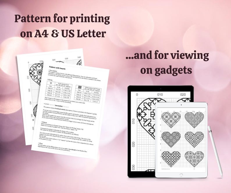 Op de afbeelding: Een kruissteekpatroon met harten, weergegeven op afgedrukte pagina's en digitale tablets. De tekst luidt "Pattern for printing on A4 & US Letter" en "...and for viewing on gadgets."