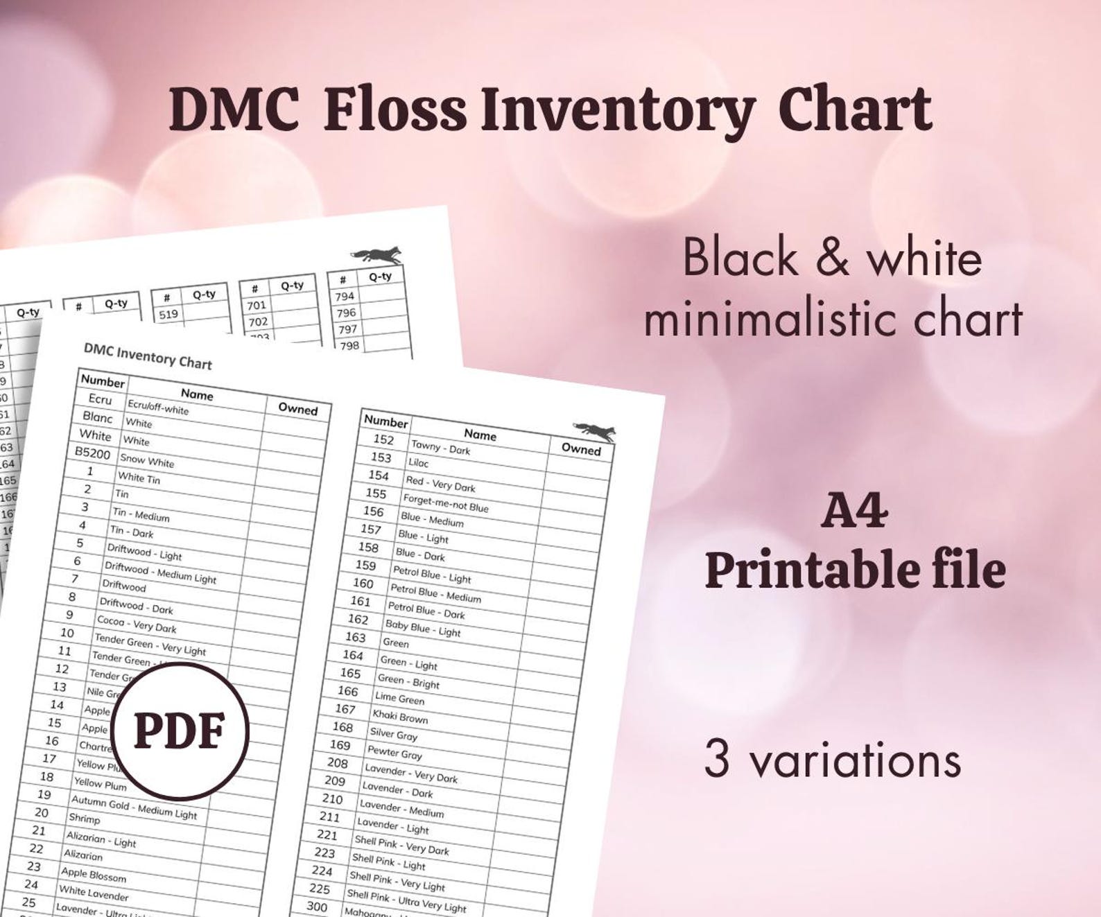 DMC Floss Inventory Chart - Printable Minimalistic Black and White ...