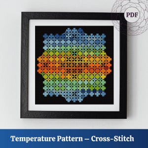 May include: A framed cross-stitch pattern with a black frame. The cross-stitch design features a colorful, geometric pattern in shades of blue, green, yellow, and orange. The text at the bottom reads "Temperature Pattern - Cross-Stitch".