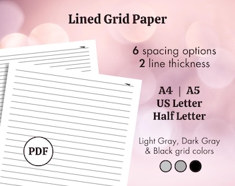 Pode incluir: Duas folhas de papel quadriculado com linhas horizontais pretas. O texto "Lined Grid Paper" está no topo. A imagem também inclui texto indicando 6 opções de espaçamento, 2 espessuras de linha e tamanhos de papel A4, A5, US Letter e Half Letter.