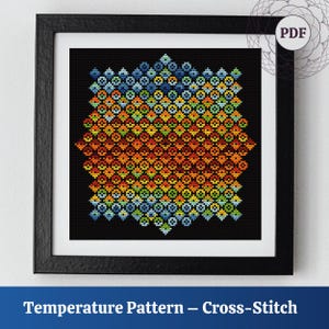 Op de afbeelding: Ingekleurde kruissteekkunst met een zwarte lijst. Het kunstwerk toont een kleurrijk temperatuurpatroon in een verloop van blauw, groen, geel, oranje en rood. De tekst "Temperature Pattern - Cross-Stitch" staat onderaan.