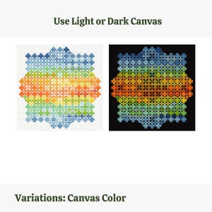 May include: Two cross-stitch patterns are displayed, one on a white background and the other on a black background. Both feature a geometric design with horizontal bands of color, including blue, green, orange, and yellow. The text "Use Light or Dark Canvas" is at the top.
