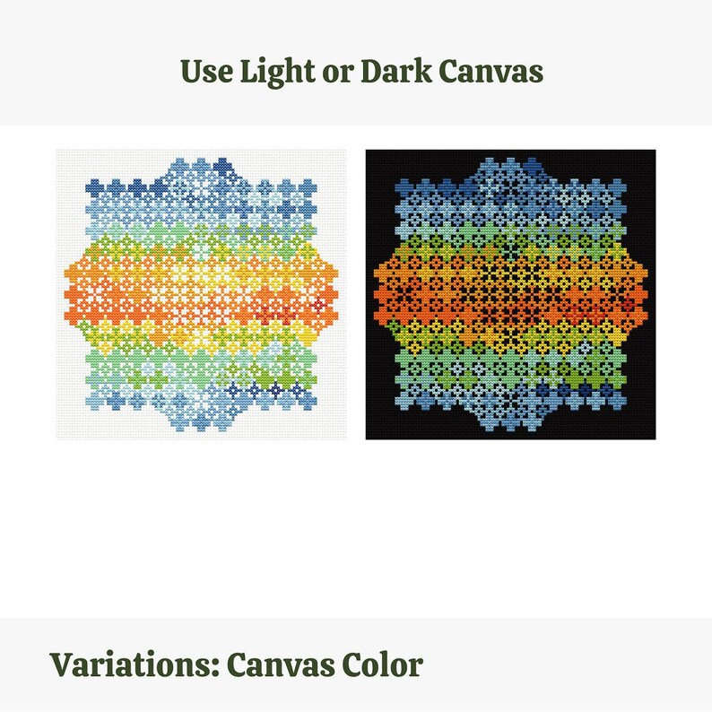 May include: Two cross-stitch patterns are displayed, one on a white background and the other on a black background. Both feature a geometric design with horizontal bands of color, including blue, green, orange, and yellow. The text "Use Light or Dark Canvas" is at the top.
