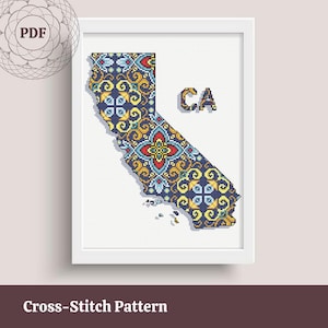 Modèle de point de croix de Californie - schéma de carte d'état coloré - PDF de conception d'état des États-Unis - broderie moderne - téléchargement immédiat pour l'impression