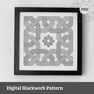 May include: Black and white digital blackwork pattern in a black frame. The pattern is a geometric design with a central star shape.