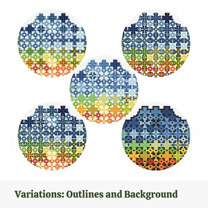 May include: Five round cross-stitch designs with a gradient of colors. The designs feature a blue top section, transitioning through green, yellow, orange, and red at the bottom. The text "Variations: Outlines and Background" is at the bottom.