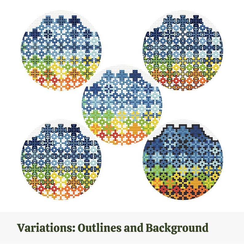 May include: Five round cross-stitch designs with a gradient of colors. The designs feature a blue top section, transitioning through green, yellow, orange, and red at the bottom. The text "Variations: Outlines and Background" is at the bottom.