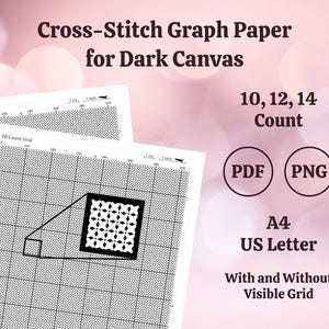 Peut inclure: Papier quadrillé noir et blanc pour point de croix sur toile foncée. Le papier est disponible en 10, 12 et 14 points. Le papier est disponible aux formats PDF et PNG. Le papier est disponible en formats A4 et US Letter. Le papier est disponible avec et sans grille visible.