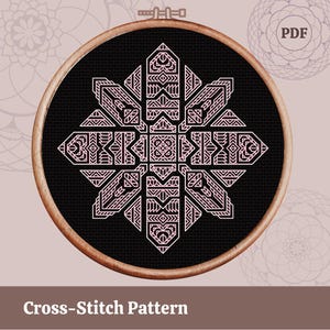 May include: A cross-stitch pattern with a geometric design in light pink on black fabric, held in a wooden embroidery hoop. The text "Cross-Stitch Pattern" is at the bottom of the image.