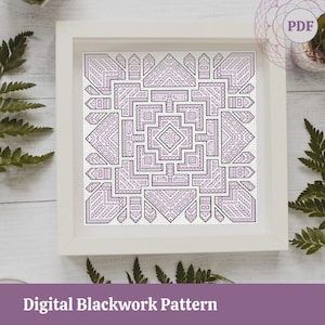 幾何学的なモダンな刺繍パターン - ブラックワーク PDF デジタル スキーム - エスニック スタイル - インド風 - 印刷用にすぐにダウンロード