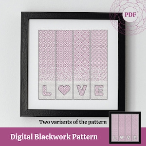 ブラックワーク パターン - 聖バレンタインデー - 刺繍デジタル スキーム - 印刷およびガジェットでの表示用に PDF をすぐにダウンロード