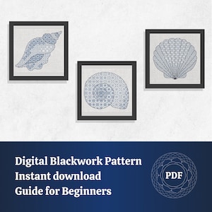 May include: Three digital blackwork patterns of seashells in blue and white. The patterns are framed and ready to be downloaded as a PDF.  Digital Blackwork Pattern Instant download Guide for Beginners.