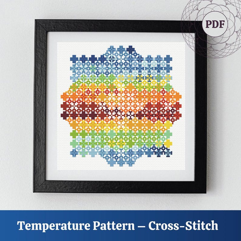 May include: A framed cross-stitch pattern in a black frame. The cross-stitch design features a colorful, geometric pattern in a rainbow of colors, including blue, green, yellow, orange, and red. The text "Temperature Pattern - Cross-Stitch" is at the bottom.
