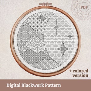 Blackwork PDF pattern - Moon Landscape with Mountains - Embroidery digital pattern - Instant Download PDF for printing and for gadgets