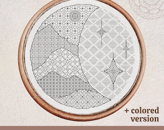 Blackwork PDF pattern - Moon Landscape with Mountains - Embroidery digital pattern - Instant Download PDF for printing and for gadgets