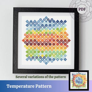 Pode incluir: Um padrão de ponto cruz colorido com um degradê arco-íris de azul, verde, amarelo, laranja e vermelho. O padrão é chamado de "Temperature Pattern" e está disponível para download em PDF.