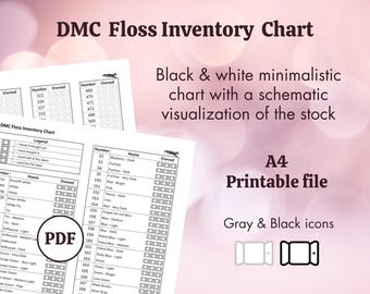 Pode incluir: Um arquivo PDF imprimível de tabela de inventário de fios DMC em preto e branco. O documento apresenta uma tabela com colunas para números de fio, nomes e status de posse, incluindo uma legenda para visualização de estoque com ícones cinzas e pretos.