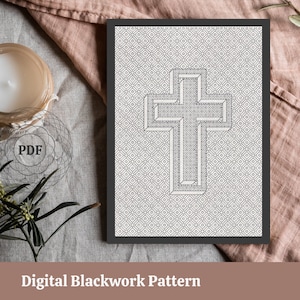 May include: Black and white digital blackwork pattern featuring a 3D cross design. The cross is made up of a series of small squares, creating a geometric pattern.