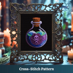 Witch Potion Bottle Cross-Stitch Pattern - Digital Printable PFD and Pattern Keeper Compatible - Gothic - Dark Moody - Colorful Poison Scull