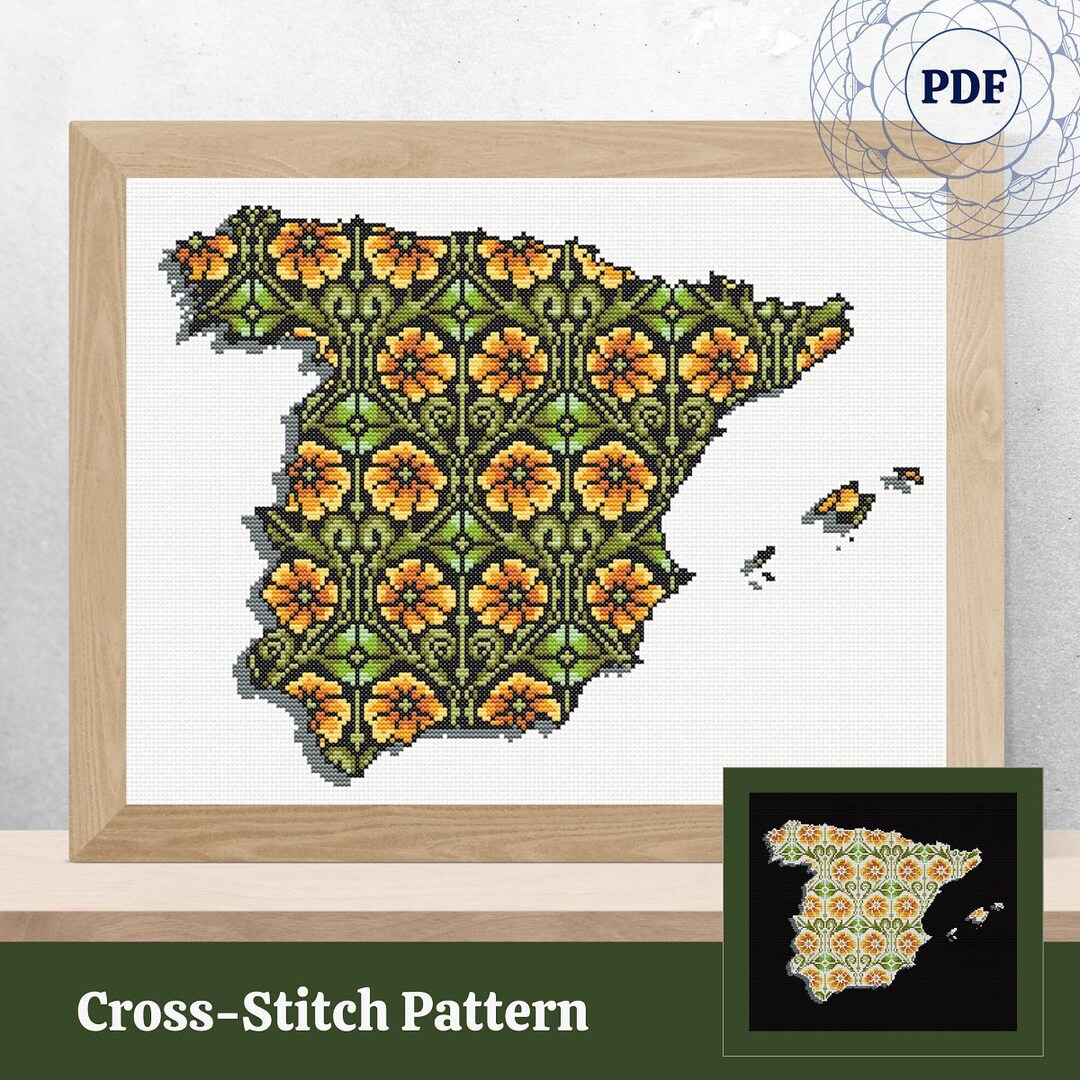 Spain Cross-stitch Pattern - Floral Map Design - Colorful Flowers on ...
