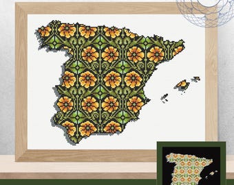 Patrón de punto de cruz de España - Diseño de mapa floral - Flores de colores sobre fondo negro - PDF imprimible - Compatible con Pattern Keeper - Contorno de país