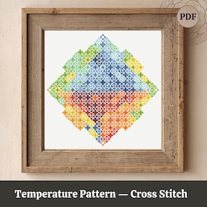 Könnte beinhalten: Ein gerahmtes Kreuzstichmuster mit einem geometrischen Design in Diamantenform. Das Muster verwendet eine Vielzahl von Farben, darunter Blau, Grün, Orange und Rot. Der Text "Temperature Pattern - Cross Stitch" befindet sich am unteren Rand des Rahmens.