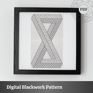 May include: A black and white digital blackwork pattern of an optical illusion of an infinity symbol. The pattern is framed in a black frame.