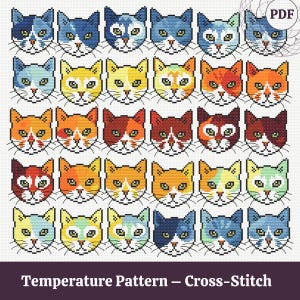 May include: A cross-stitch pattern showing a grid of cat faces in shades of blue, yellow, orange, and red. The text "Temperature Pattern - Cross-Stitch" is at the bottom. The pattern is designed for a PDF download.