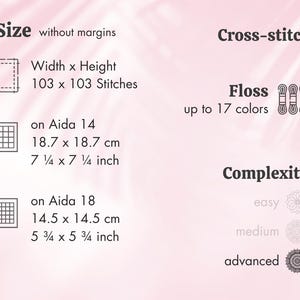 May include: Informational graphic for cross-stitch projects. The image shows size details, including stitch count, and dimensions in both centimeters and inches. It also specifies the number of floss colors and complexity levels, from easy to advanced.