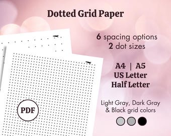 Pacote de papel milimetrado pontilhado - PDF para impressão com grades pontilhadas - Grande, Pequeno, Preto, Cinza - 3, 4, 5, 6, 7,5, 10 mm - A4, A5, Carta, Meia Carta
