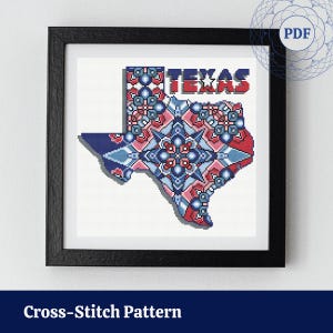 Modèle de point de croix du Texas - schéma de carte d'état coloré - PDF de conception de l'état des États-Unis - broderie moderne rouge et bleu - téléchargement immédiat pour l'impression