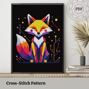 May include: A colorful cross-stitch pattern of a fox with a black background. The fox is depicted in a geometric style with vibrant colors including yellow, orange, red, purple, and blue. The text "Cross-Stitch Pattern" is at the bottom.