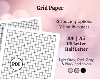 Pode incluir: Duas folhas de papel quadriculado branco com linhas pretas, rotuladas como "Grid Paper". A imagem destaca opções para 6 espaçamentos, 2 espessuras de linha e vários tamanhos, incluindo A4, A5, US Letter e Half Letter. As cores da grade incluem cinza claro, cinza escuro e preto.
