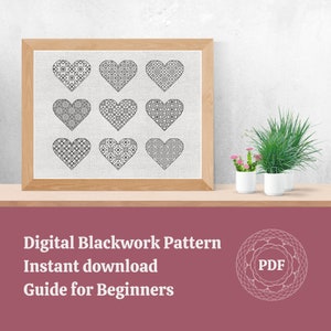 Patrón de Blackwork Corazones - Esquema de bordado digital - Descarga instantánea en PDF para imprimir y ver en dispositivos - Guía para principiantes