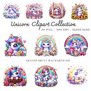 Clipart di unicorno carino / Adesivi PNG kawaii fantasy / 20 design digitali / Scrapbooking e sublimazione stampabili / Uso commerciale