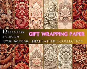 Printed Wrapping Paper, Thai Pattern, Digital Paper, Download Printable, Gift Paper,