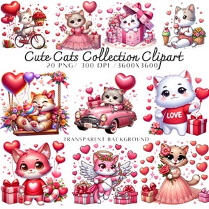 Collection de cliparts chats Saint-Valentin, 20 PNG, papier numérique, imprimable pour un usage commercial, clipart chatons, cadeau de la Saint-Valentin