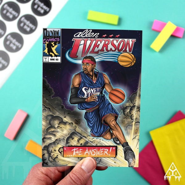 Allen Iverson Basketball Poster, Philadelphia 76ers Mini Comic Book Style Collectible Art Print, Playroom Art Sports Lover Gift