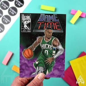 Damian Lillard Milwaukee Buck Comic Book Mini Collectible Print NBA Poster Basketball Wall Art Print Stocking Stuffer voor mannen Cadeau voor hem