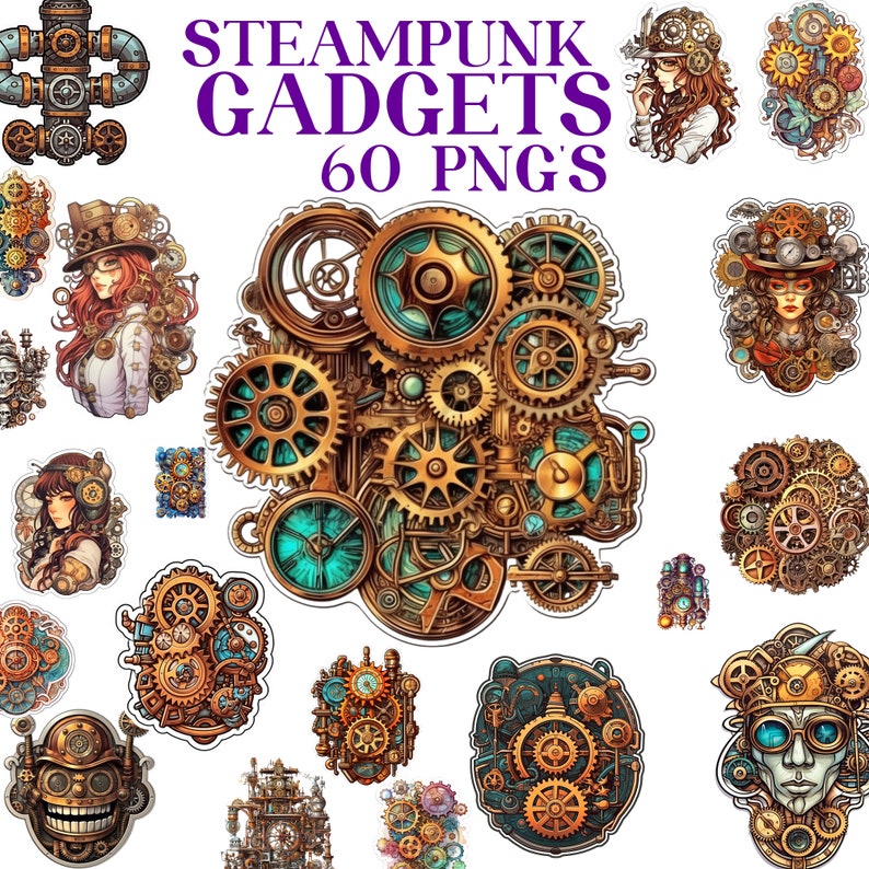Steampunk Dolls Print and Cut Digital PNG Sticker Sheet, 24 Different