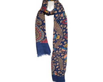 Flower Paisley Blue Base Pure Wool Scarf or Shawl