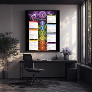 Chakra guide with detailed information on each energy center: Root, sacral, solar plexus, throat, third eye to crown. Printable wall art.