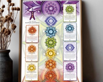 Chakra guide with detailed information: Root, sacral, solar plexus, throat, third eye, crown chakra.