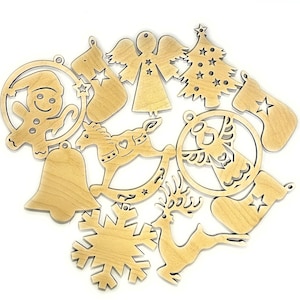 Decorazioni di Natale set di 11 pezzi -  File per taglio laser SVG, DXF, AI, LBRN2 -  Posizionati per essere tagliate su un unico foglio A4