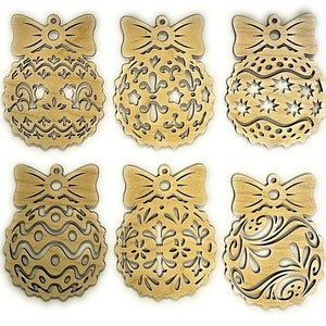 Palline di Natale SET1 6 pezzi -  File per taglio laser SVG, DXF, AI, LBRN2 -  Posizionate per essere tagliate su un unico foglio A4