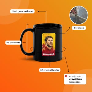 May include: Black ceramic mug featuring a soccer player's portrait. The mug is 9.8 cm tall and 8.5 cm in diameter. The mug is not dishwasher or microwave safe. The mug has the text "RAMOS".