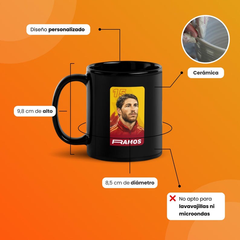 May include: Black ceramic mug featuring a soccer player's portrait. The mug is 9.8 cm tall and 8.5 cm in diameter. The mug is not dishwasher or microwave safe. The mug has the text "RAMOS".